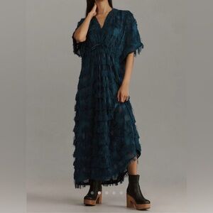 Anthropologie Blue Fringe Maxi Dress
